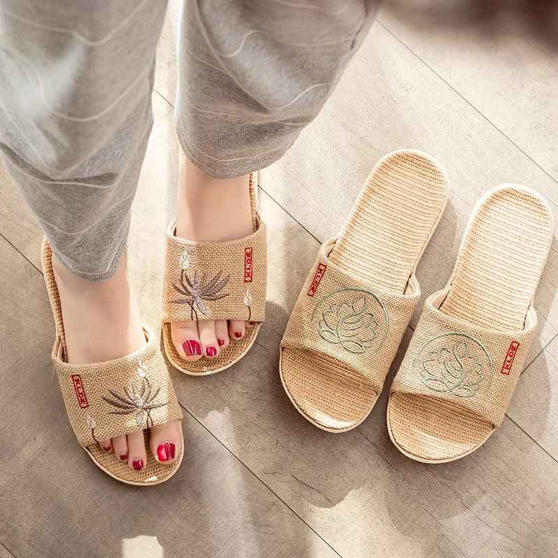 Mntrerm Linen Slippers Women's Home Four Seasons Soft Bottom Spring and Autumn Cotton Linen Couple Home Sandals Slipper Women