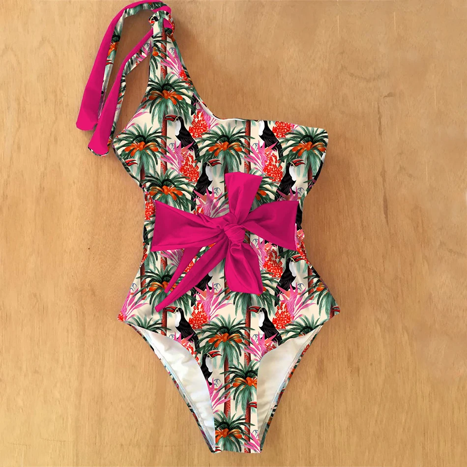 Тропический женский слитный купальник бандажный с принтом купальный костюм на