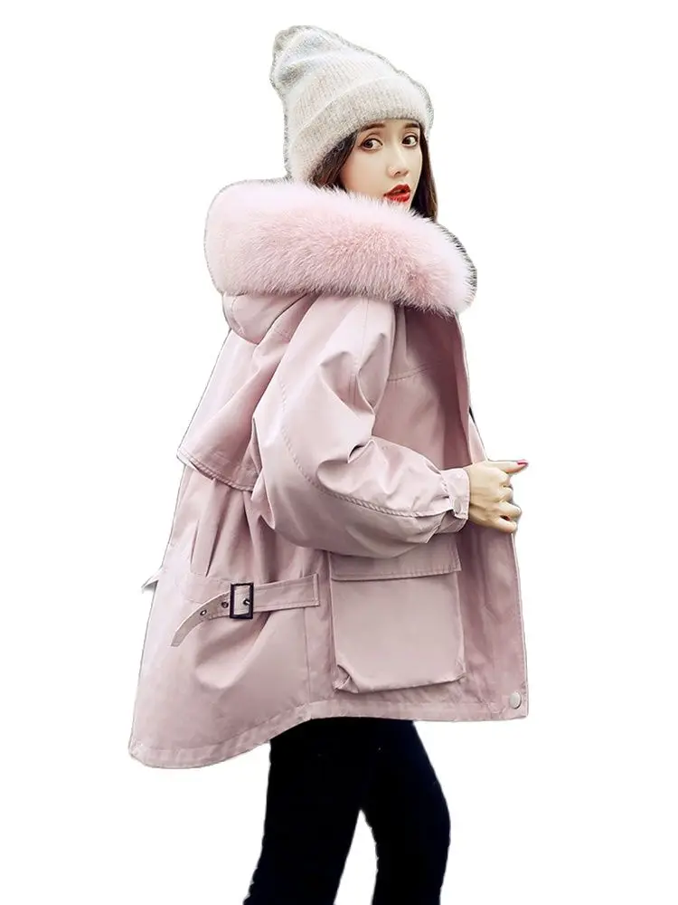 

Parker padded female short paragraph 2020 Winter new Korean version little wide plus thick velvet pink feather coat
