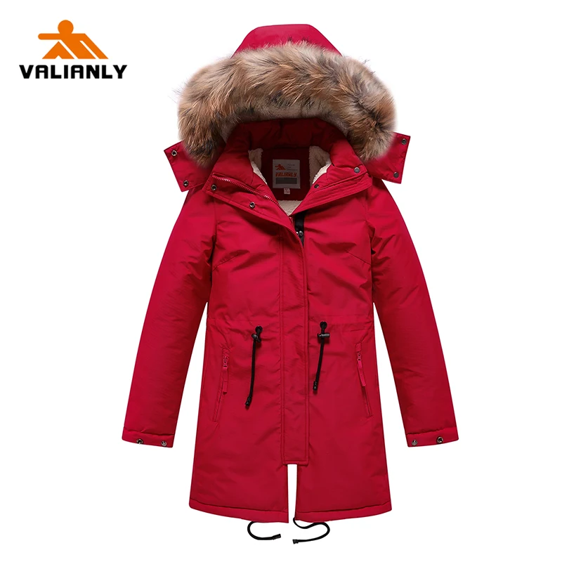 

VALIANLY Girls Parka Winter Cotton Padded Coat Kids Parkas Thick Winter Coat Girl Long Jacket Red Overcoat Raccoon Fur Outwear
