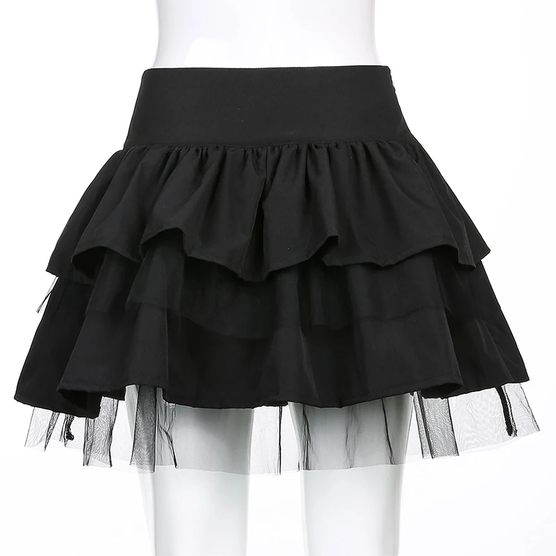 

Lace-up High Waist Ruffles Skirts Punk Aesthetics Bandage A-line Lace Trim Black Tutu Skirt E-girl Outfits