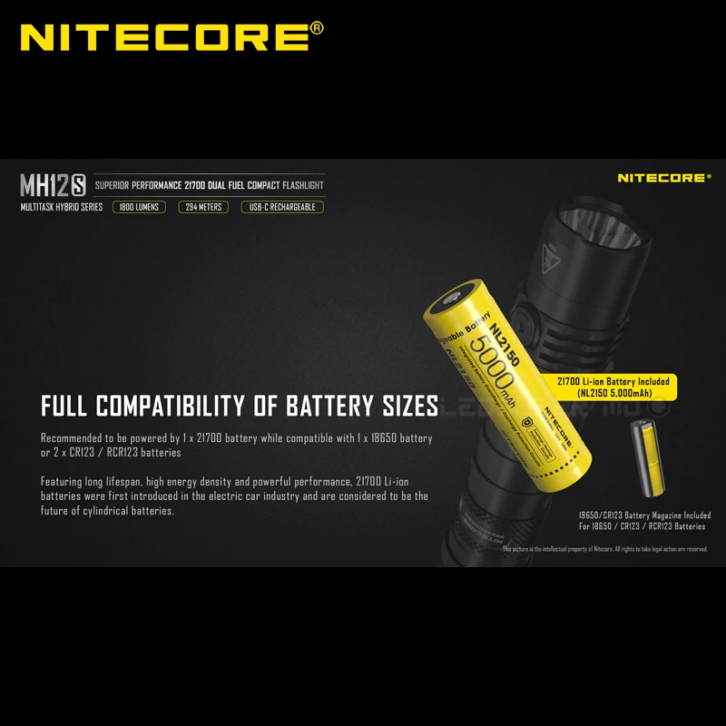 Высокопроизводительный компактный двухтопливный фонарик NITECORE MH12S 1800 люмен 21700 с