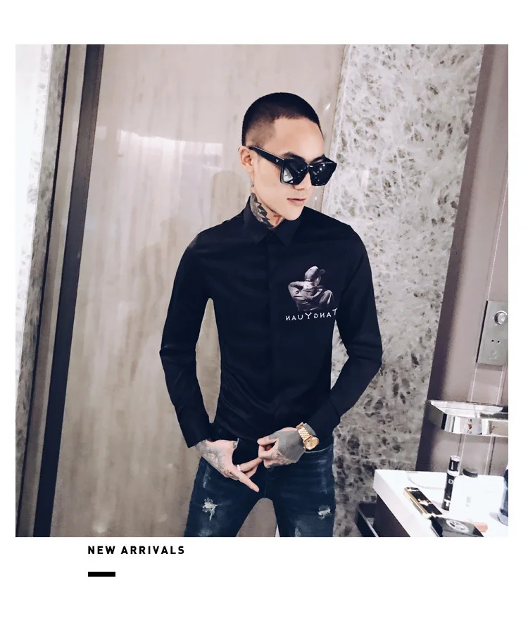 Осенняя мужская рубашка с принтом Camisa Hombre Повседневная приталенная рубашка Мужская Уличная рубашка Camisas Hombre черный смокинг для ночного клуба