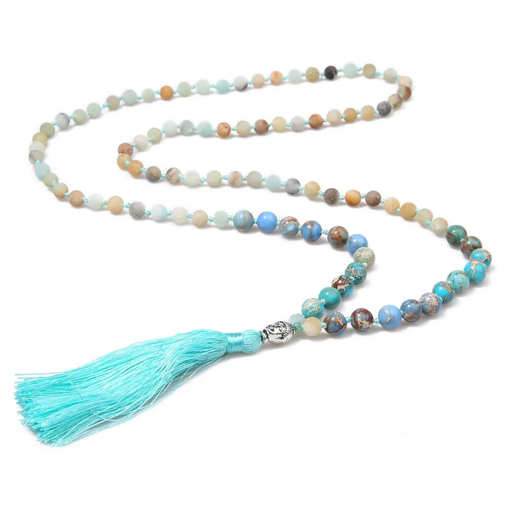 Матовый Амазонит & Emperor Stone 108 Mala Beads ожерелье с узелками Men Women Yoga Bless Jewelry головой