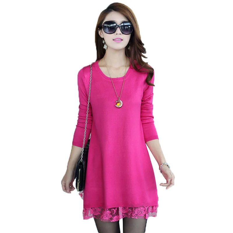 

Women's Autumn Winter Slim Sweater Dress 2022 New Splicing Lace Knit Dress Female Casual Long Sleeve Knit Dress R351