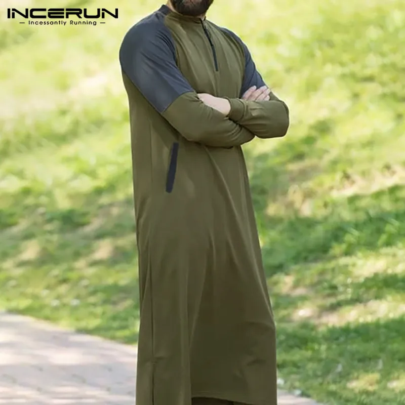 

INCERUN Men Muslim Kaftan Patchwork Long Sleeve Casual Zipper Robes Islamic Arabic Jubba Thobe Dubai Middle East Mens Clothes