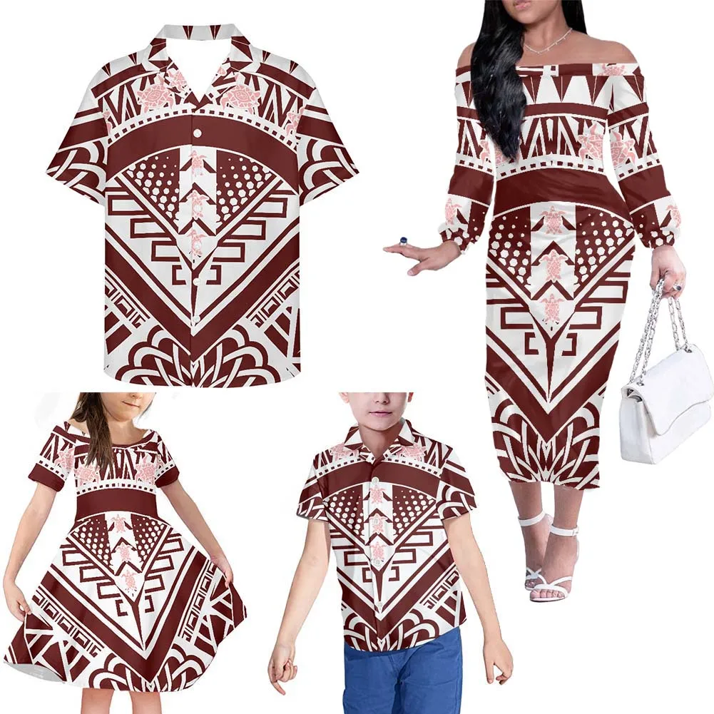 Hycool Matching Family Outfits Samoan Tribal Hawaii Floral Print Look Dress Shirt Low Price Fashion Summer Wear Clothes | Мать и ребенок