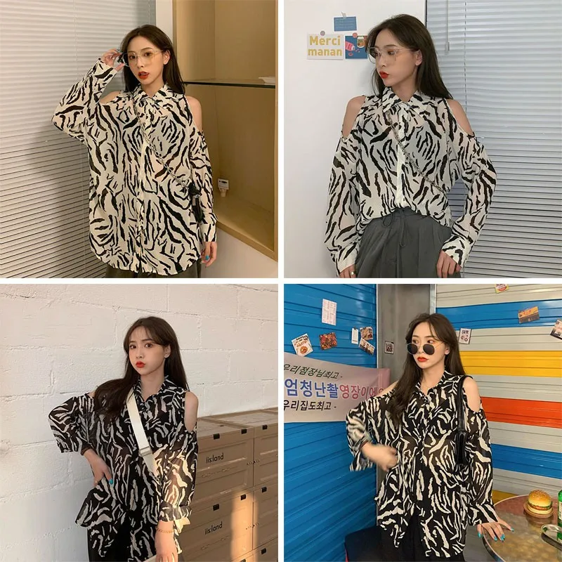 

New Fashion Leopard Print Off-the-shoulder Shirt For Women Wind Loose Long-sleeved Sunscreen Shirt Female Women Tops