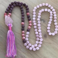 8mm rose quartz gemstone 108 beads tassels mala necklace handmade spirituality buddhism quartz