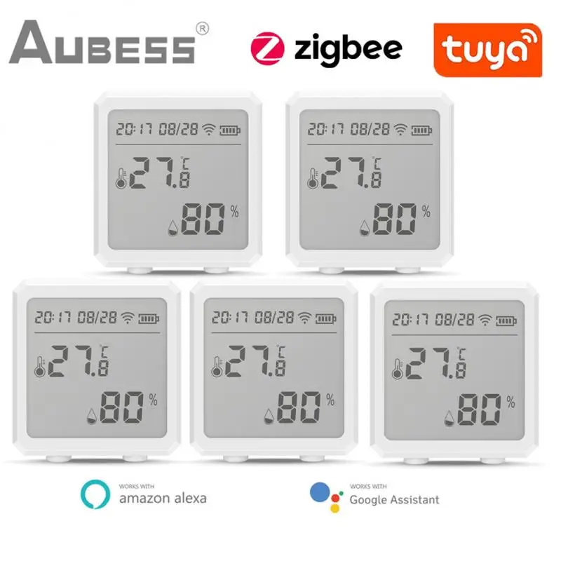 

Датчик температуры и влажности Aubess Tuya ZigBee, сенсор с ЖК-экраном, работает с Google Assistant и Tuya Zigbee Hub