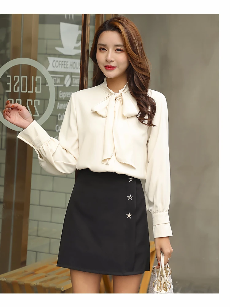 beige blouse Женские рубашки для подиума, модные элегантные блузки с длинным рукавом, на шнуровке, с бантом и цветочным принтом, в стиле пэчворк, Женская рабочая одежда, офисные Топы - Цвет: beige blouse