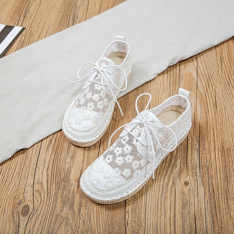 

Casual Woman Shoe Round Toe Female Footwear Soft Knitting Flats Dress Summer New Comfortable Retro PU Fretwork Solid Leisure Lac