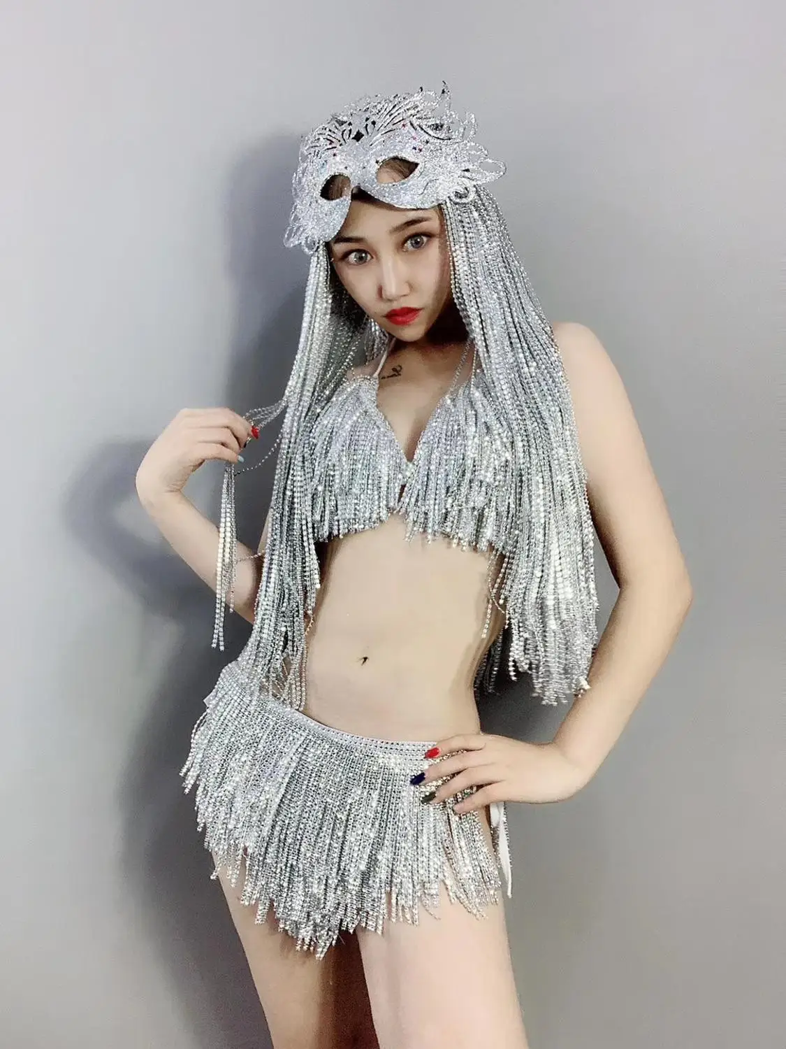 Women New Silver Shining Crystal Tassel Backless Bodysuit Black Fringes Bikini Dance Outfit Sexy Bar Nightclub DJ Singer Costume |
