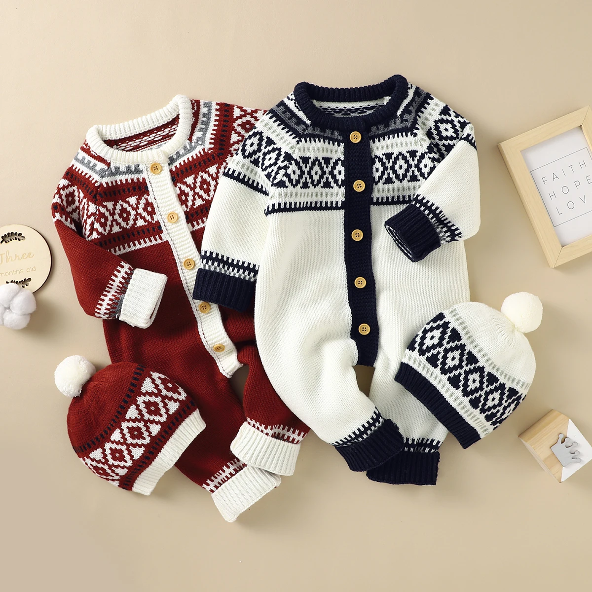 

Christmas Baby Girls Boys Knitted Romper + Hats Cotton Warm Long Sleeve Infant Rompers Newborn Autumn Winter Clothes Sets