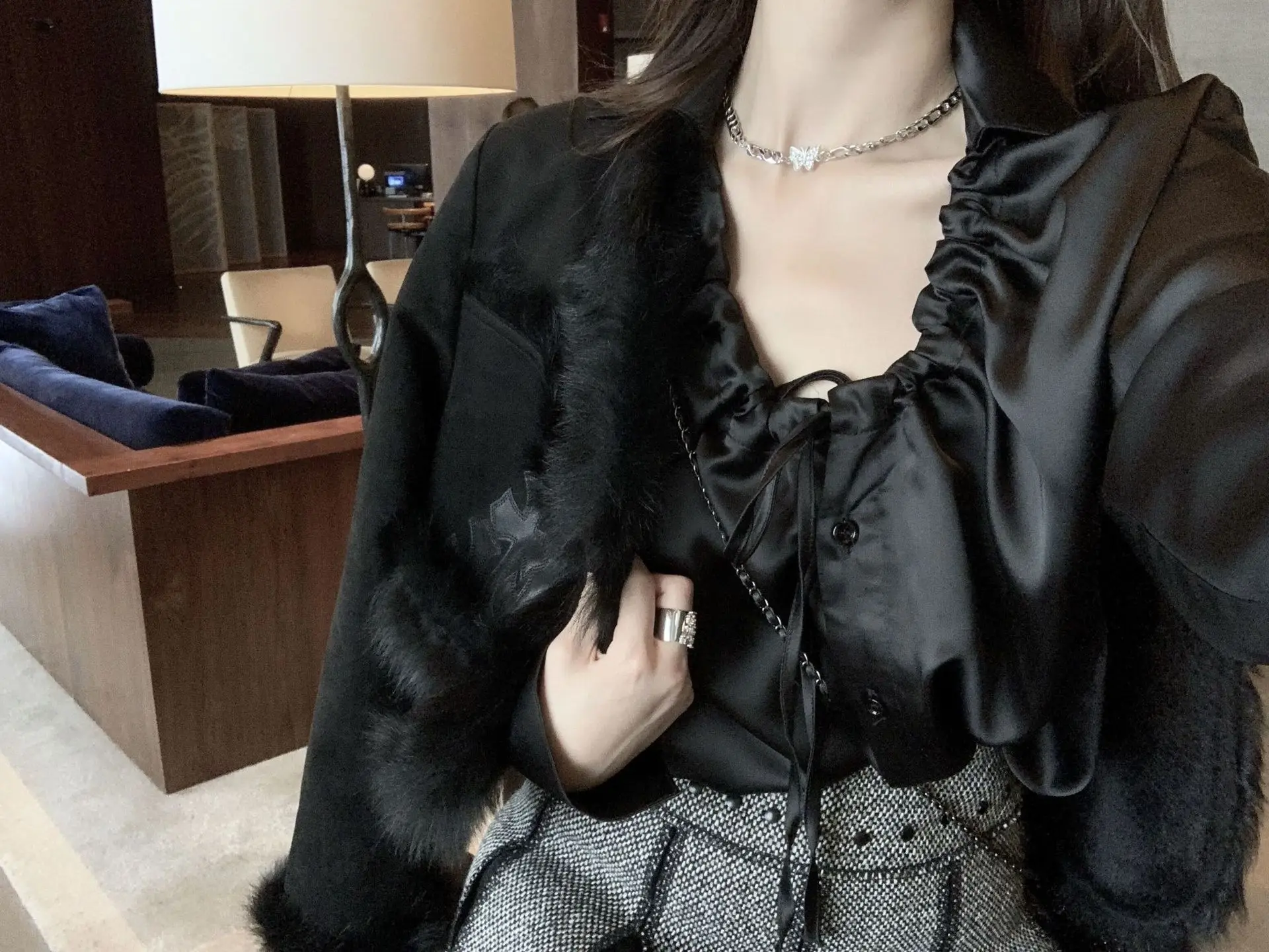 

Silky-touch black champagne white satin gloss drawstring bow tie girly shirt