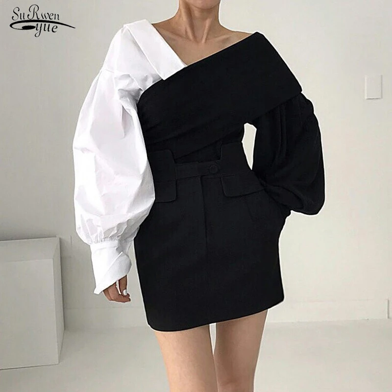 

Casual Loose Tops Lady Elegant Blusas Plus Size Chic Contrast Color Fashion Long Sleeve Blouse Sexy V-neck Women Shirts 18262