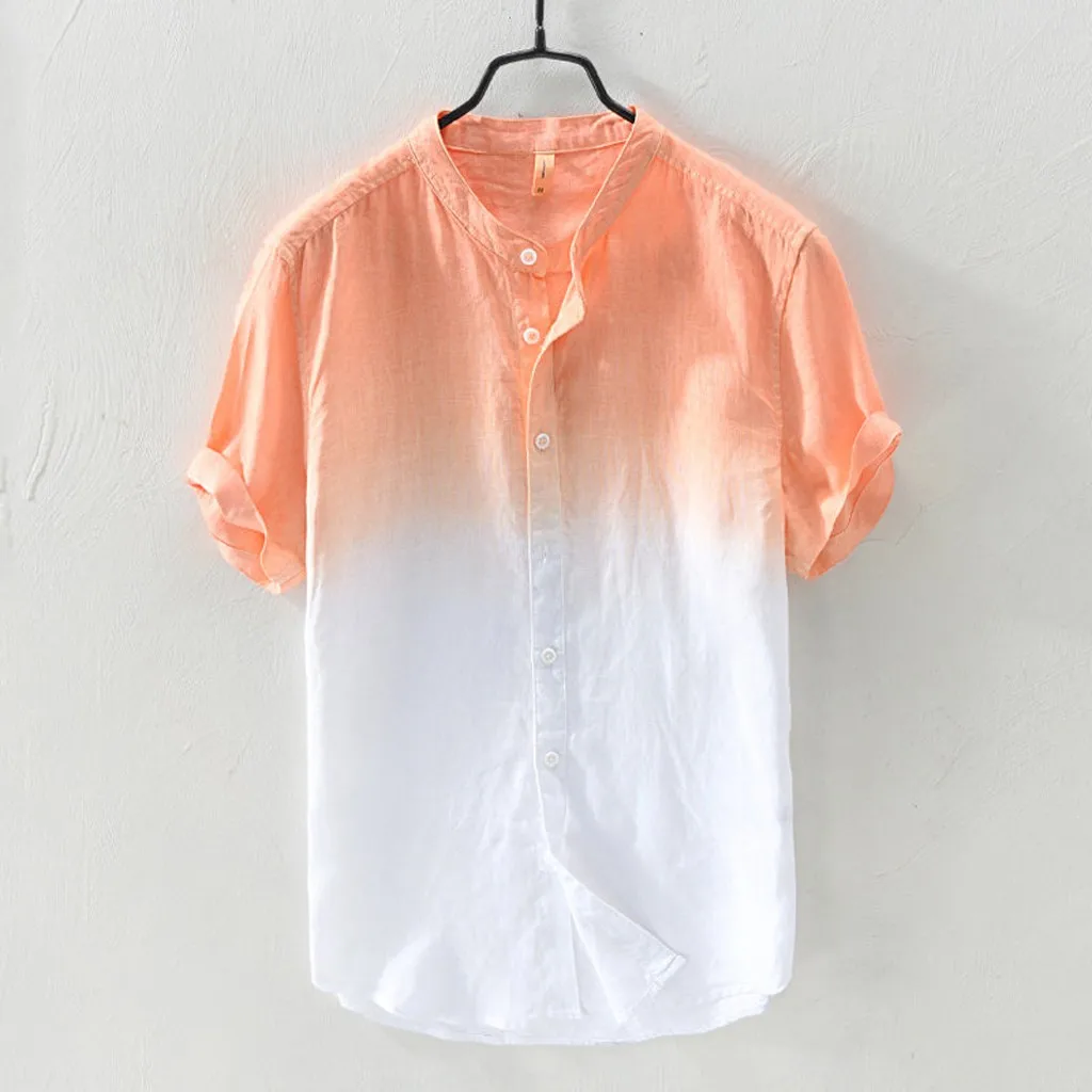 

Summer Shirt Men's Cool And Thin Breathable Collar Hanging Dyed Gradient Cotton Shirt Slim Fit Tops Male Breathable Linen Shirt