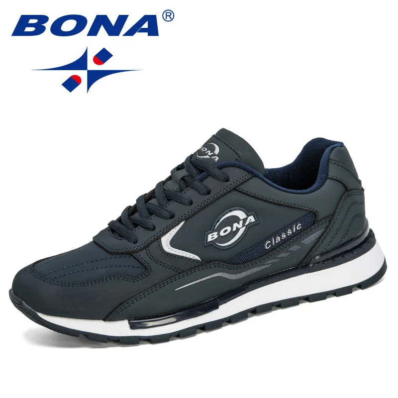 BONA Men's Running Shoes Comfortable Sneakers Outdoor Casual Shoes Man Training Lace up Lightweight Leather Sports Shoes