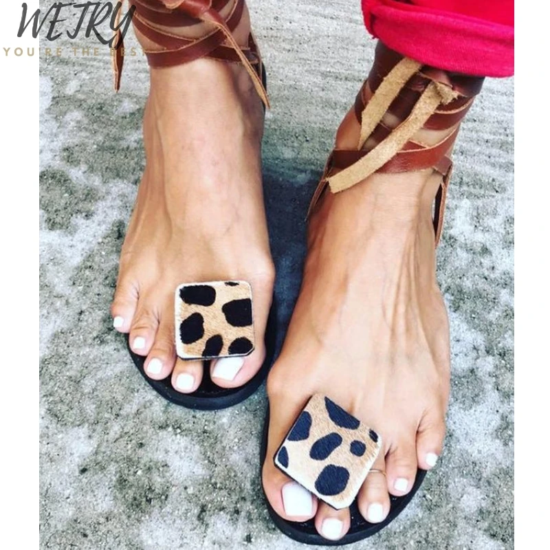 

2020 Summer Strap Sandals Women's Flats Open Toe Leopard Casual Shoes Rome shoes woman Plus Size 35-43
