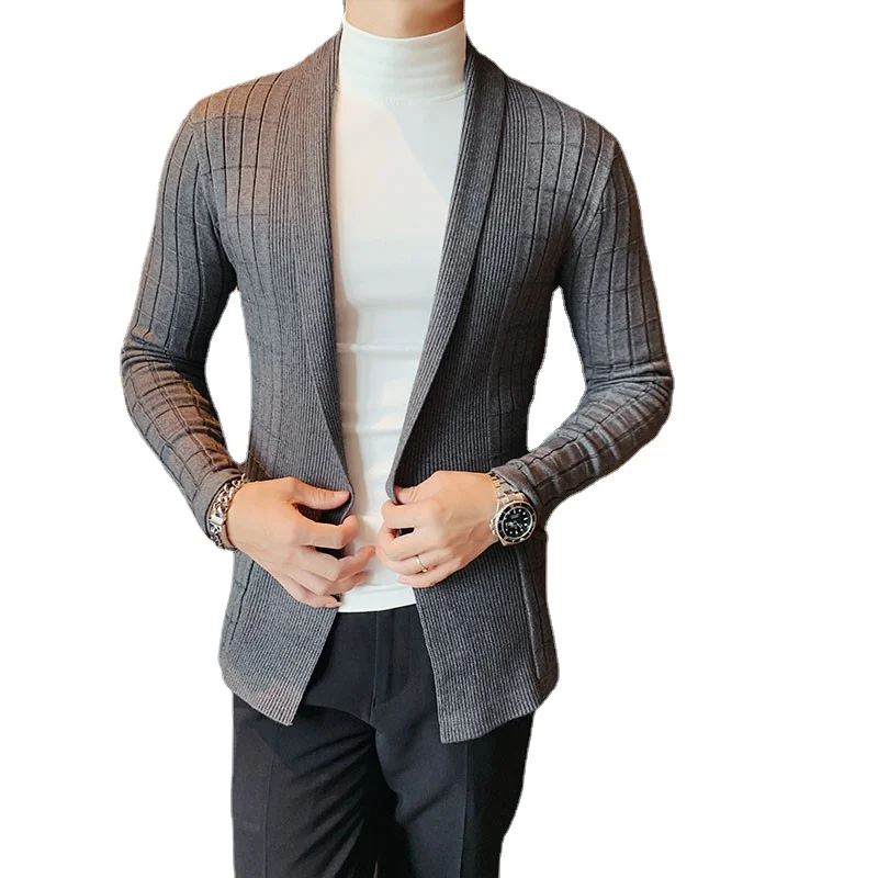 Pure Color New Knitted Cardigan Coat Men Clothing Black / Gray Slim Fit Male Business Casual Plaid Sweaters