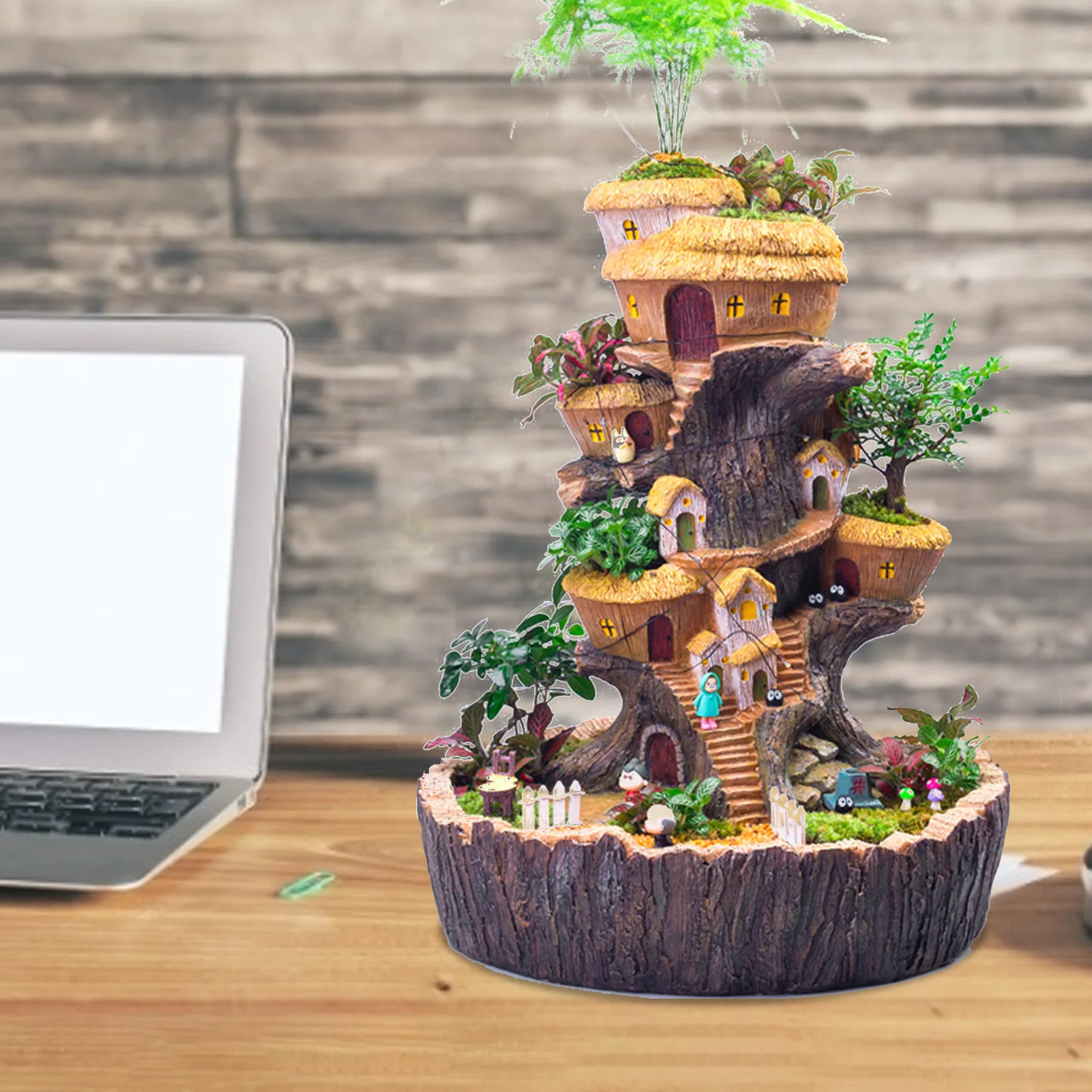 

33*29*41cm Tree Flower Pot Tree House Solar Micro-landscape Flowerpot Planter No Flower Wooden Frame Tabletop Plants Home Decor