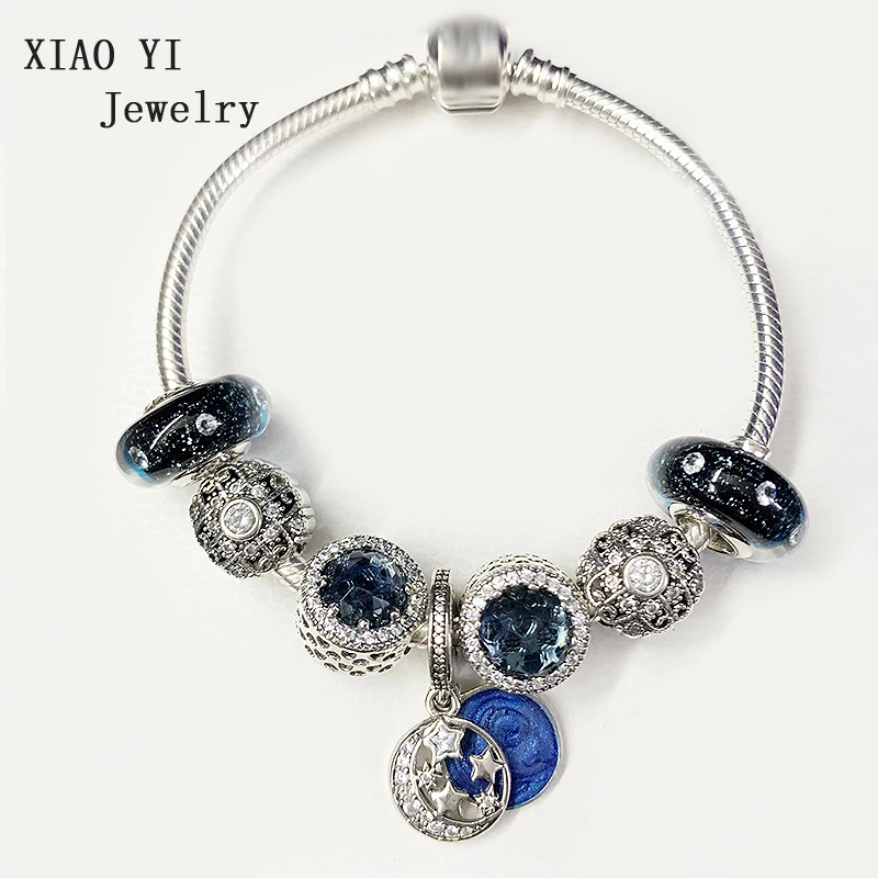 

XIAOYI jewelry is 100% pure silver 2019 winter Christmas Blue sky stars coloured glaze temperament fashion bracelet female