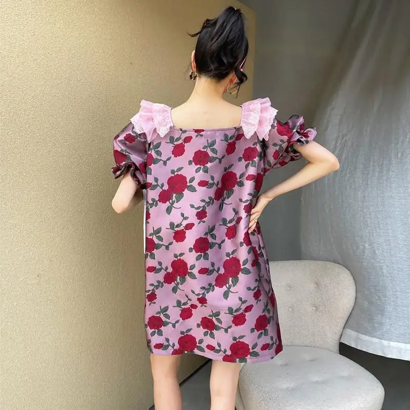 

ZAWAHIKI Vintage Mini Dresses Summer Print Floral Elegant Puff Sleeve Lace Ruffles Robe Femme High Waist Korean Vestidos Sweet