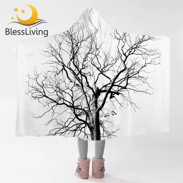 BlessLiving Tree Branch Hooded Blanket 3D Printed Sherpa Fleece Hoodie Blanket Weed Plant Wearable Blanket Nature Plush Blanket 1