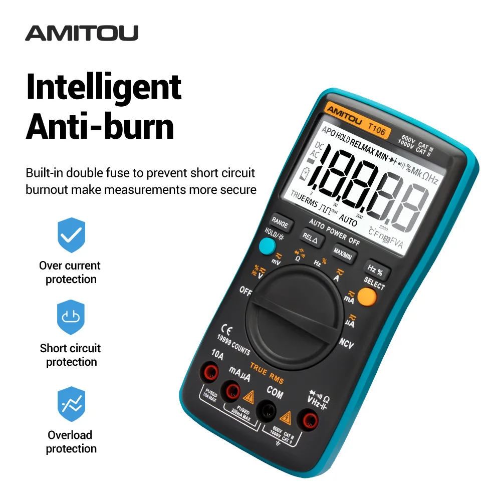 AMITOU T106 Профессиональный антисжигающий Цифровой мультиметр Бесконтактный AC/DC Амперметр Вольтметр Авто мультиметровый Сопротивление Емкость цифровой мультиметры mastech