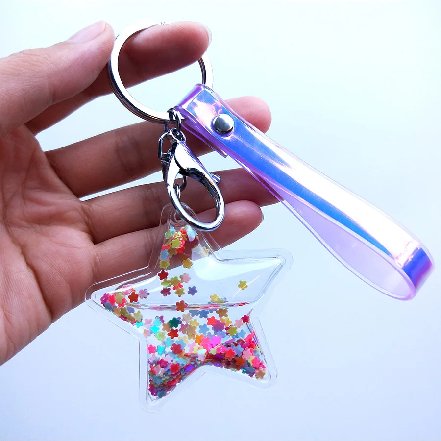 Брелок с пентаграммой движущейся звездой блестками жидкими акриловый кольцо для