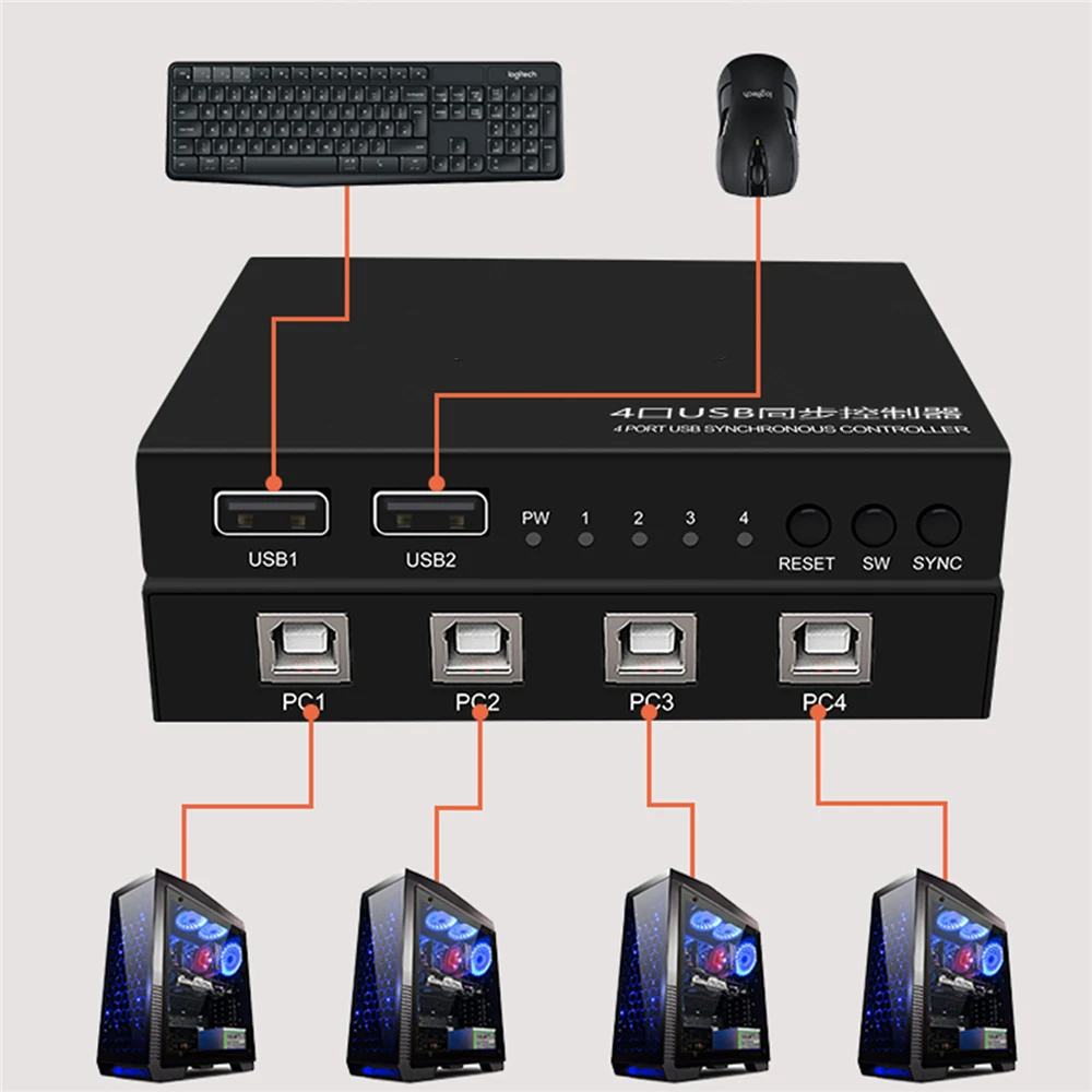 4 Порты USB синхронный контроллер переключения для игр клавиатура Мышь Synchronizor
