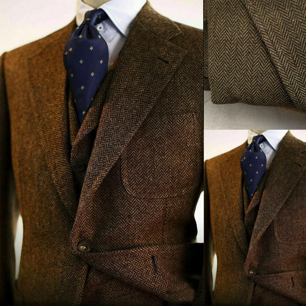 

Brown Men Classic Suits Wool Blend Herringbone Vintage Tweed Tuxedos Blazer+Vest+Pants 3 Pieces Groomsmen Jacket Custom Made