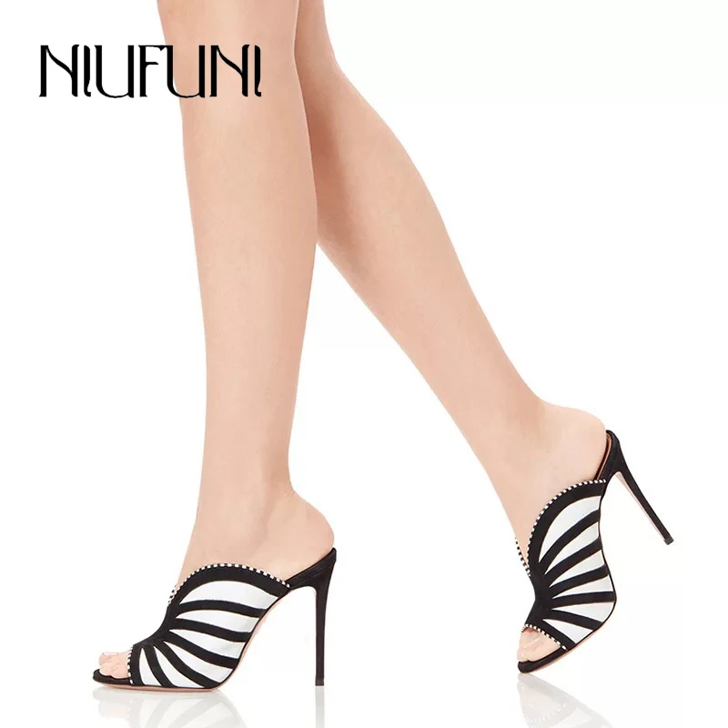 

Ultra-Fine High-Heeled Women's Sandals Black White Zebra Print Color-Block Slippers Peep Toes Suede Striped Women's Shoes Sexy