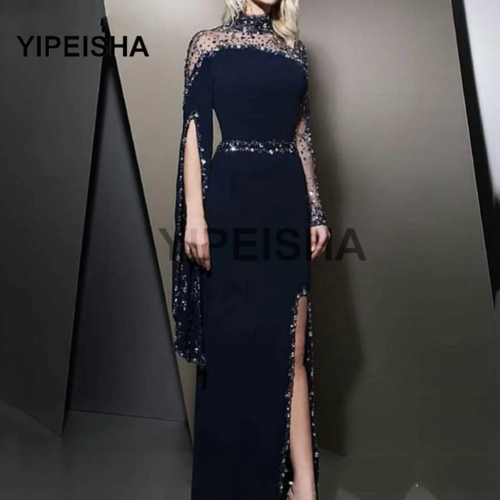 

High Neck Navy Blue Formal Evening Dresses Dubai Beaded Prom Dress Long Sleeve Party Gowns Split robe de soiree