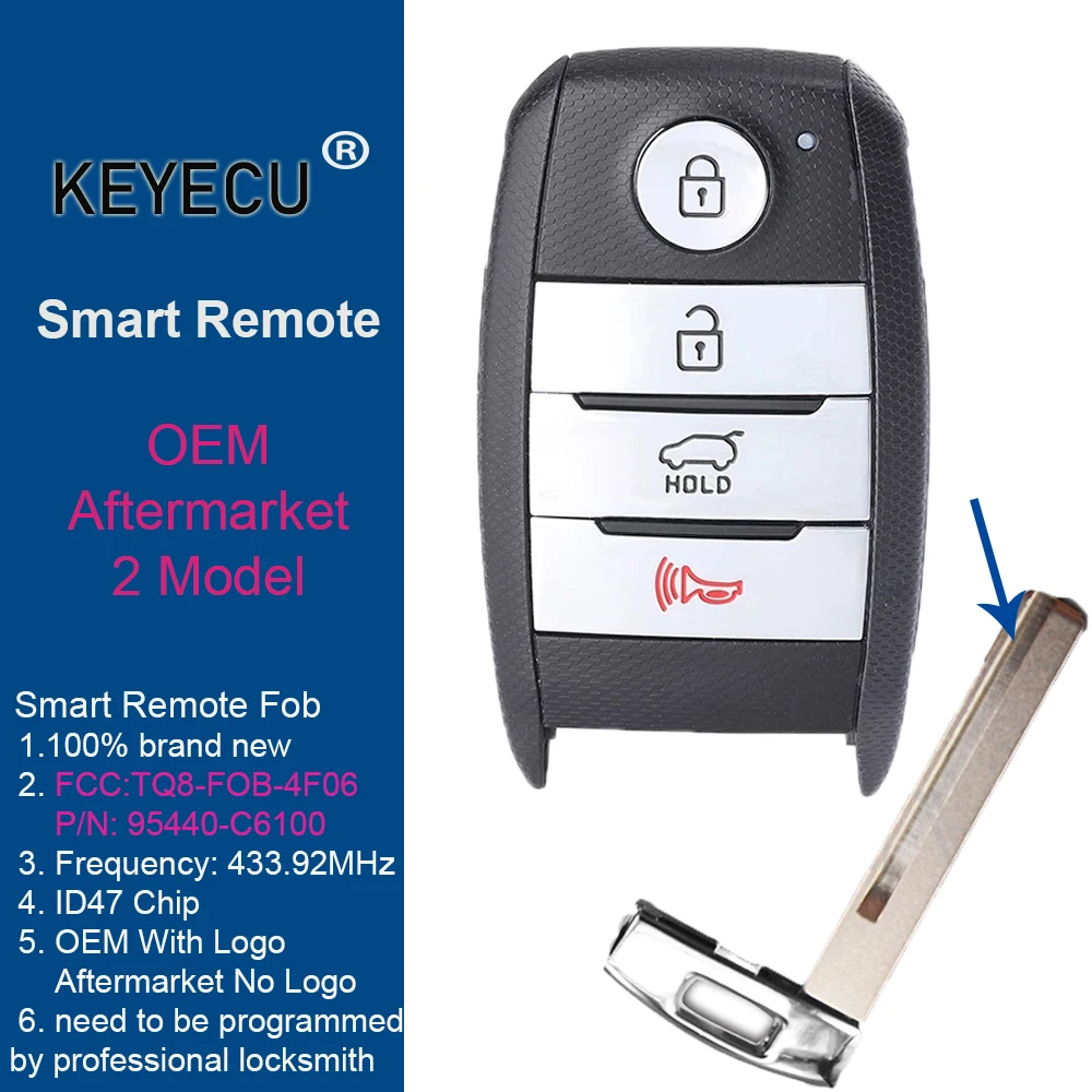 KEYECU Keyless Go Smart Remote Key для Kia Sorento 2019 2020 Fob 433MHz ID47 Chip FCC ID: TQ8 FOB 4F06 UMa PE 95440 C6100|Ключ от авто|