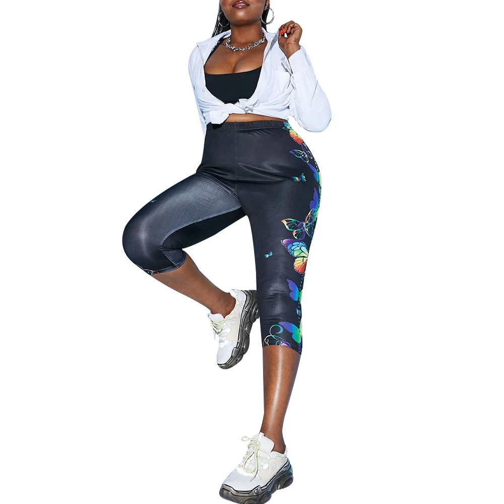 

6XL Plus Size Women Butterfly Print Faux Denim Pants Hight Waist Jeggings Casual Ladies Summer Skinny Calf-Length Trousers D30