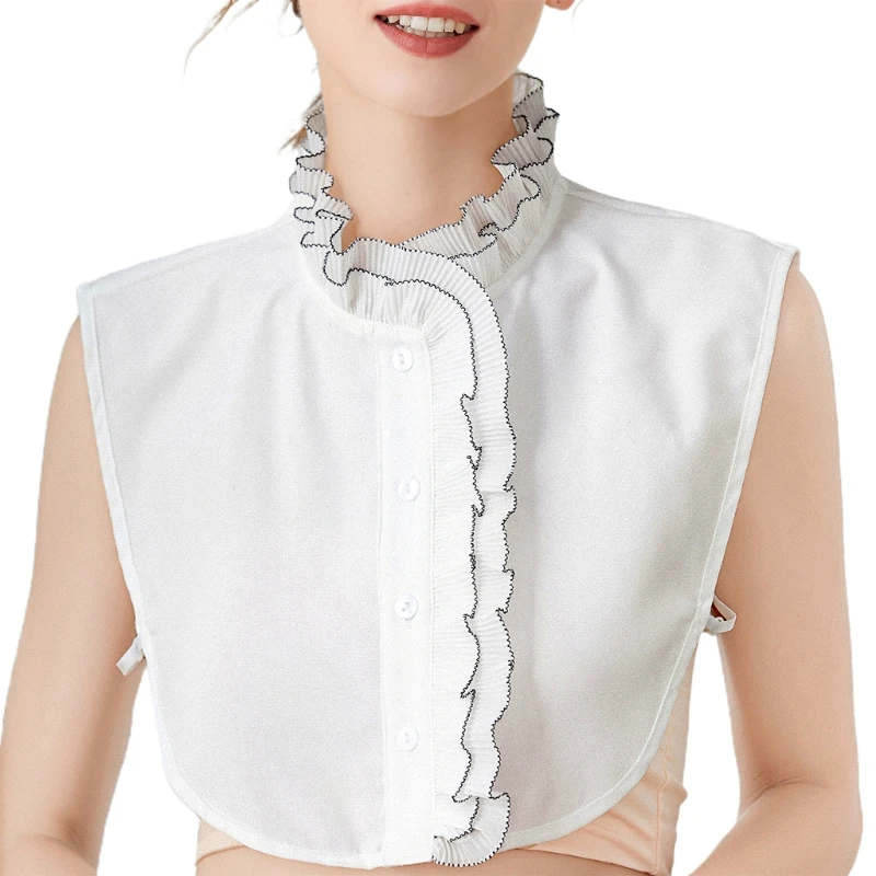 

Women Vintage Stand Faux Collar Double Layer Ruffles Trim Chiffon Detachable Half Shirt Blouse Dickey Button Down False Top