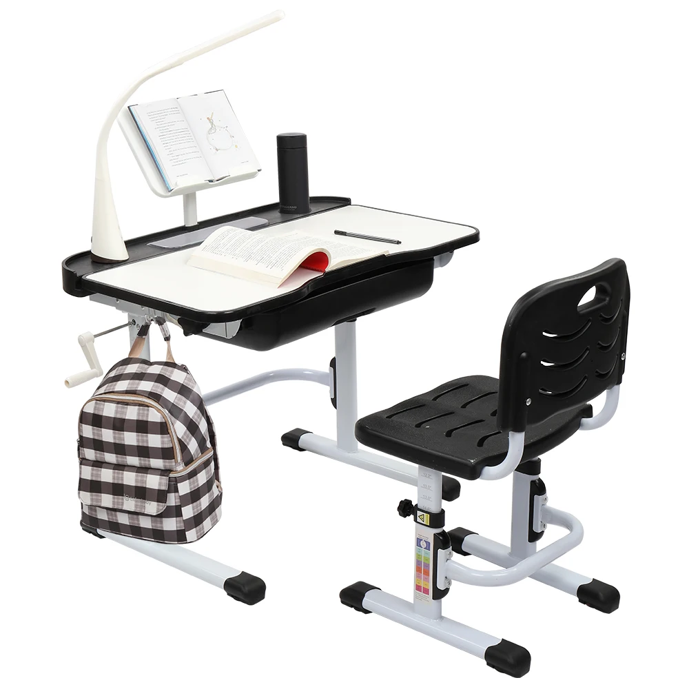 

80CM Hand-cranked Lifting Top Can Tilt Children Learning Table And Chair Black (With Reading Stand USB Interface Desk Lamp)
