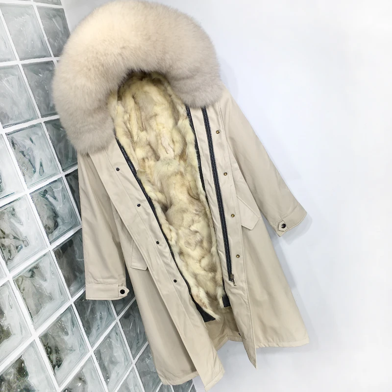 Plus Size Real Fur Coat Waterproof Parka Mujer Winter Jacket Women Natural Fox Fur Collar Liner Hood Thick Warm Outerwear Hat - Color: Xlong BeigeYellow