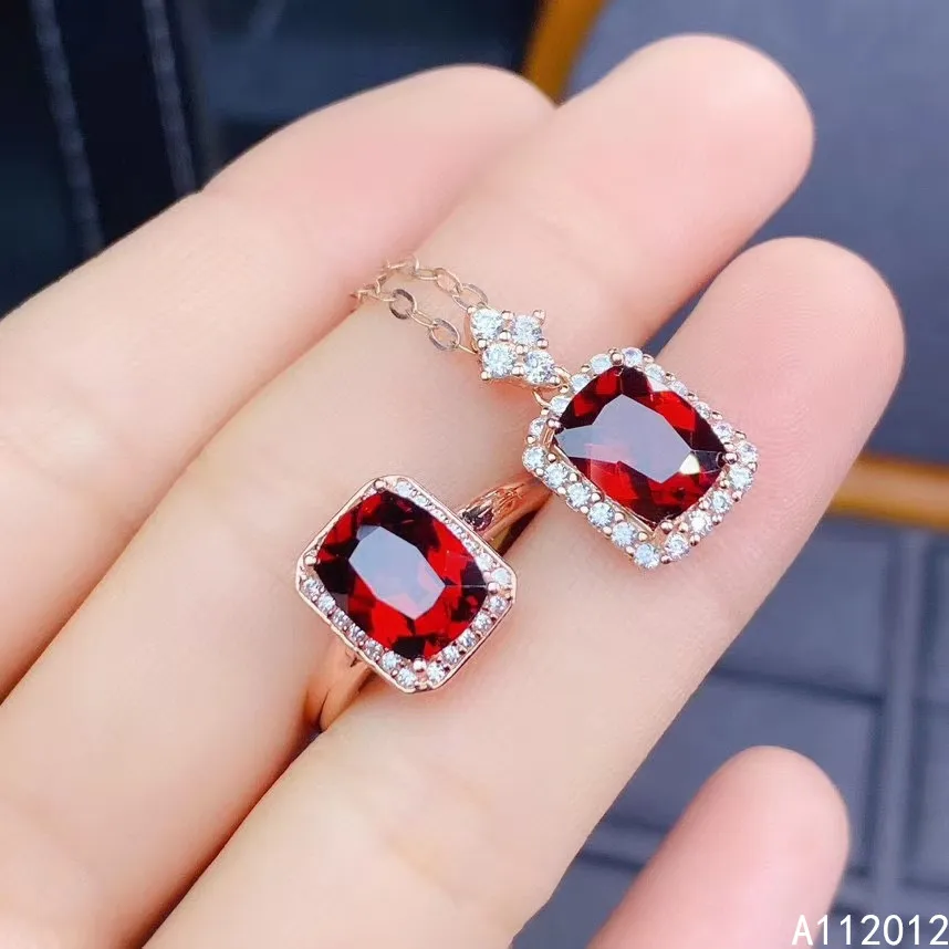 

KJJEAXCMY Fine Jewelry 925 sterling silver inlaid natural Garnet girl fashion necklace pendant ring set support test hot selling