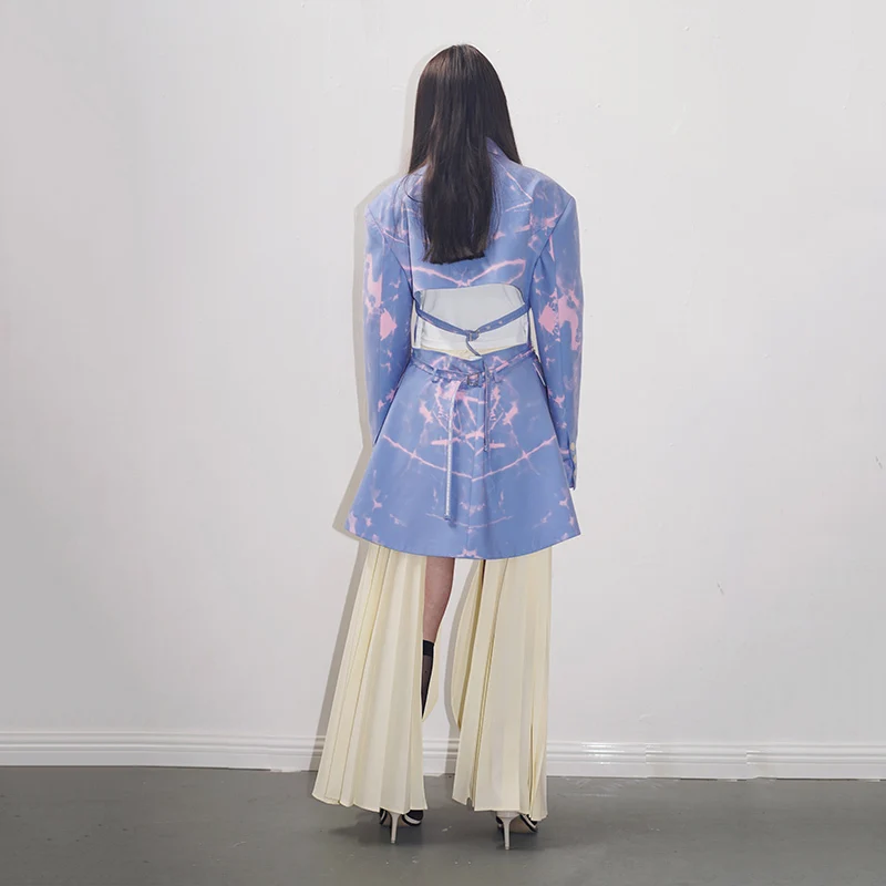 [EAM] Женский блейзер свободного покроя с синим принтом отворотом длинным рукавом