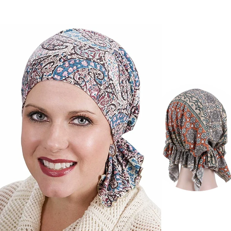 

2021 Fashion muslim print women turban caps soft elastic flowers lady wrap head scarf hijab caps turbante femme ready to wear