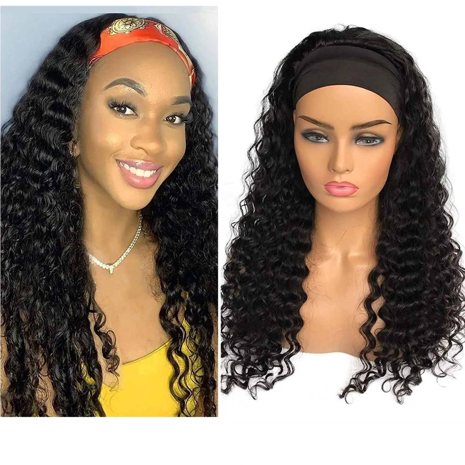 Deep Curly Human Hair Wigs For Black Women Glueless None Lace Front Wigs Brizilian Remy Hair Machine Made Headband Wigs 180%