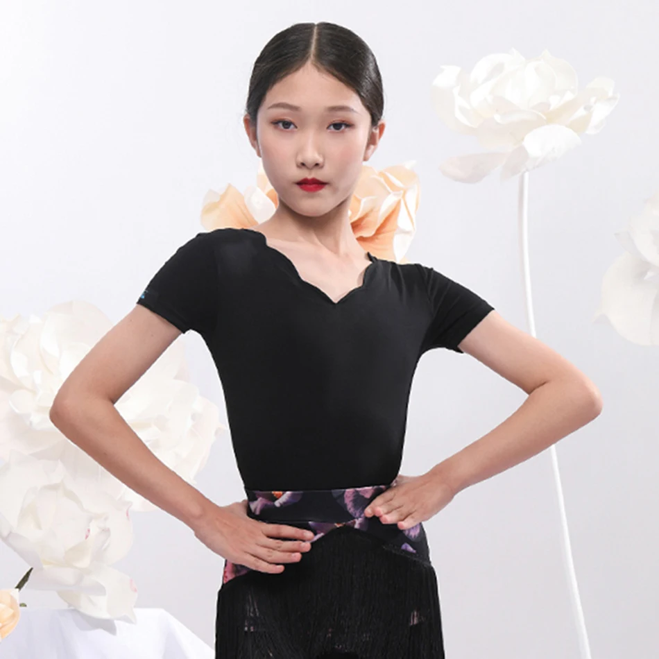 

2021 New Kids Latin Dance Bodysuit Short Sleeve V Neck Design Tops Girl Latin Dancing Clothes Belly Ballroom Tango Dresses