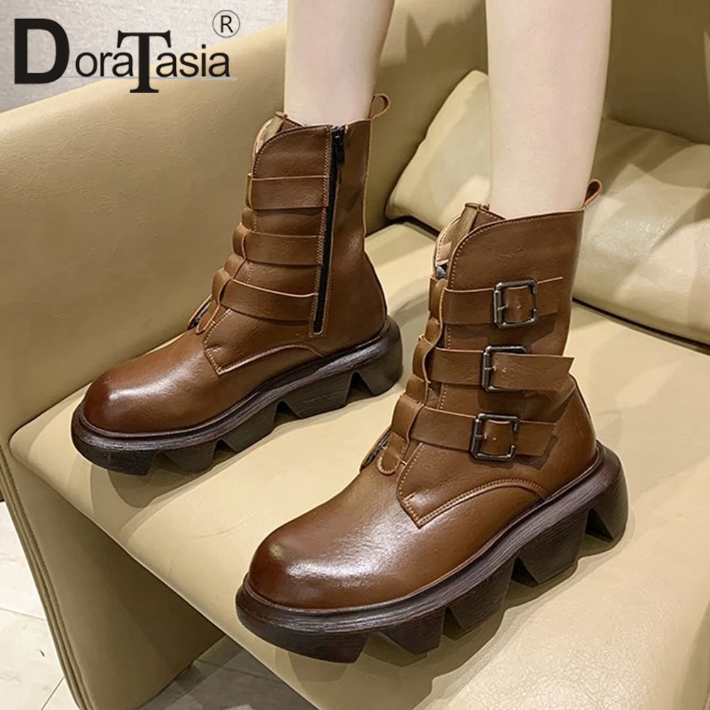 

DORATASIA New Fashion Ladies Platform Ankle Boots Autumn Boots Women Round Toe Strange Style Med Heels Buckle Zip Shoes Woman