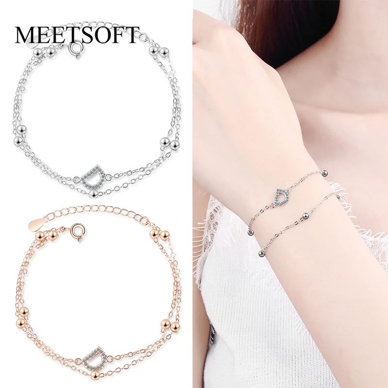 

Браслеты MEETSOFT из стерлингового серебра 925 пробы женские, двухслойные украшения из циркония с буквами D Вечерние