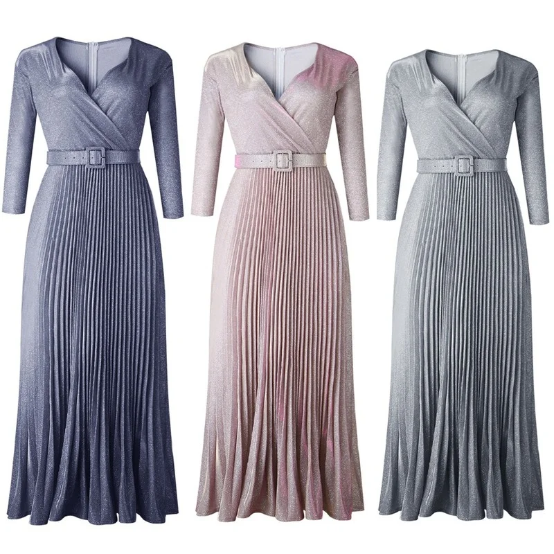 

Long-sleeved Gilt Pleated Large Hem Skirt with Belt 2021 Women's Fashion Bright Pink Fabric Sexy Deep V-neck Elegant Long Skirt