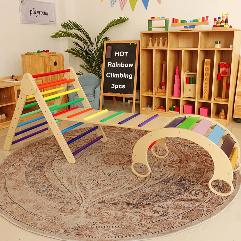 

3pcs Rainbow Pikler Triangle Rocking Chair Climbing Ladder Wooden Arch Frame Children Slides Toy Indoor Playground Play