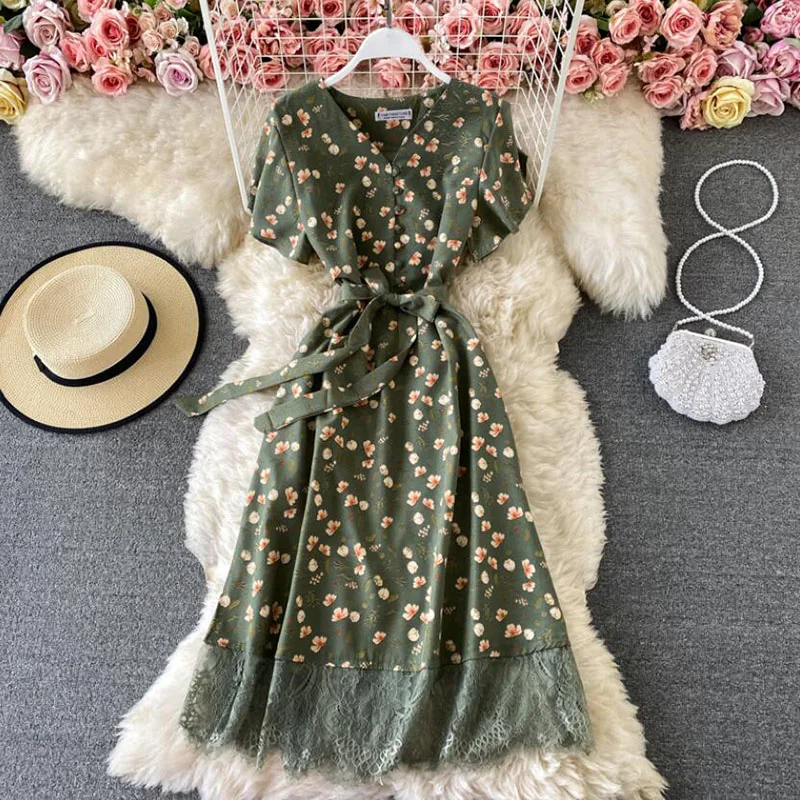 

Elegant V Neck Floral Print Chiffon Dress Summer Short sleeve Bandage Slim Lace Stitching Women Mid-calf Dress