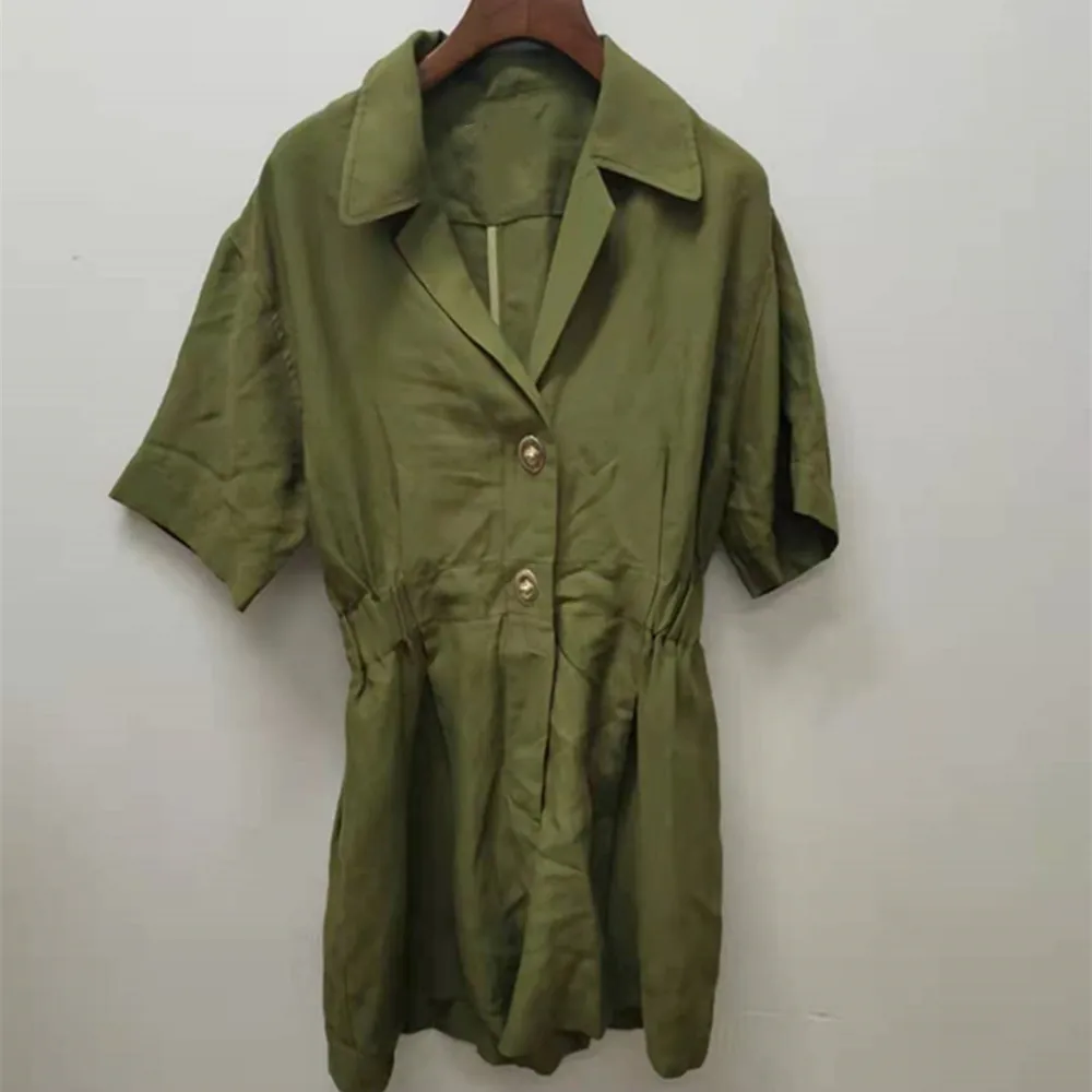 

Women Short Sleeve Green Playsuits Turn Down Collar Vintage Buttons Elastic Waist 2021 New Ladies Rompers